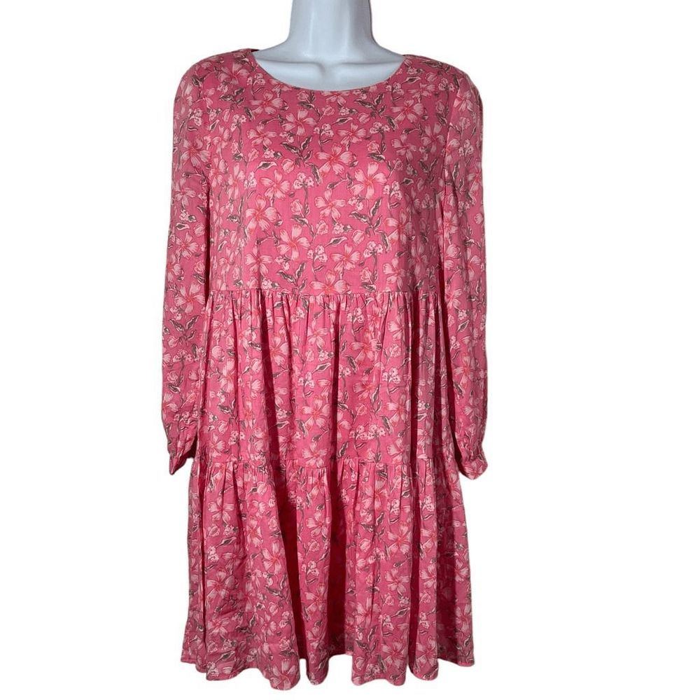 Vineyard Vines Dress‎ S Pink Floral Oleander Tiered Swing Long Sleeve Scoop Neck